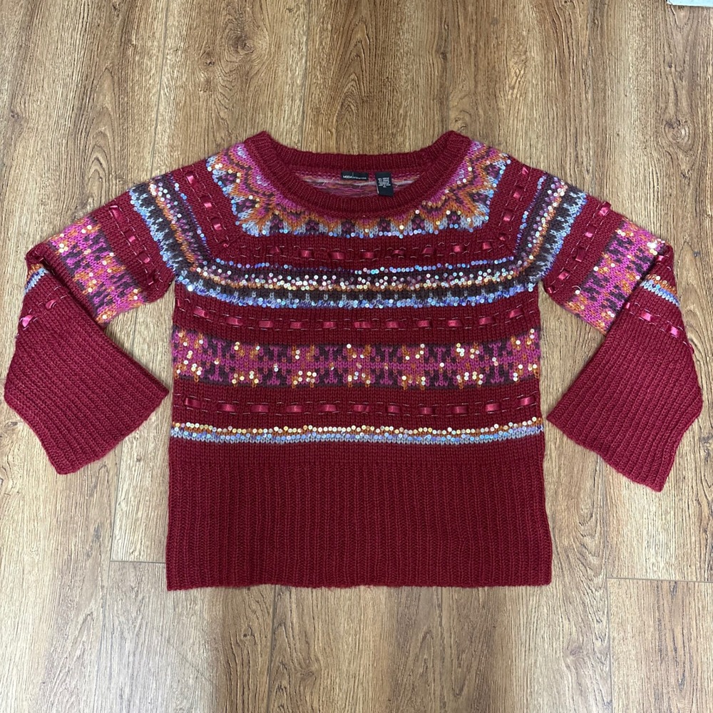 Moda Bohemian Knit Sweater‎ Mohair Wool Blend Sequins Ribbon Embroidered Red XL